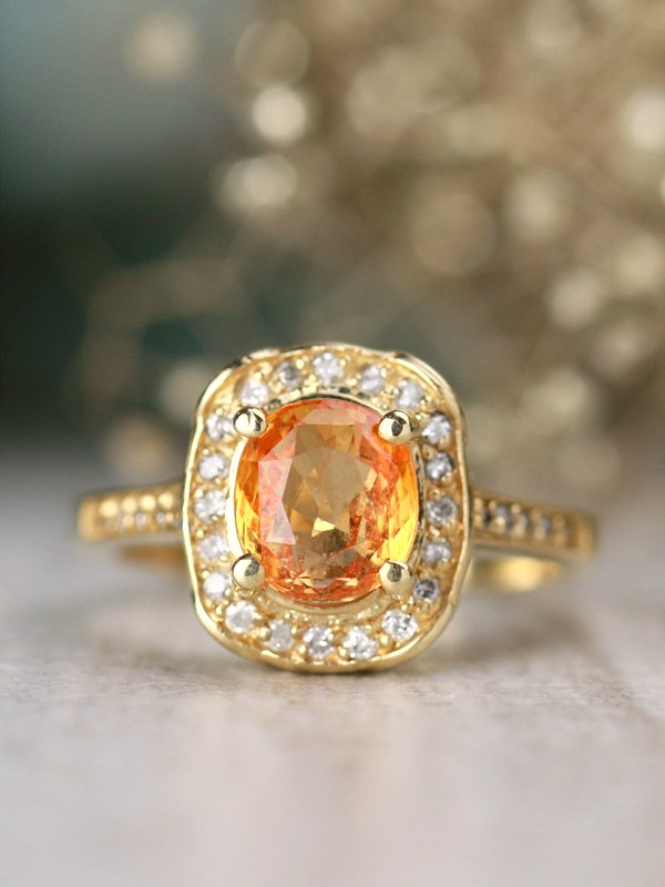 ONE-OF-A-KIND: Orange Sapphire and Diamond Engagement <Prong/Pave> Solid 14K Yellow Gold (14KY) Estate Ring 