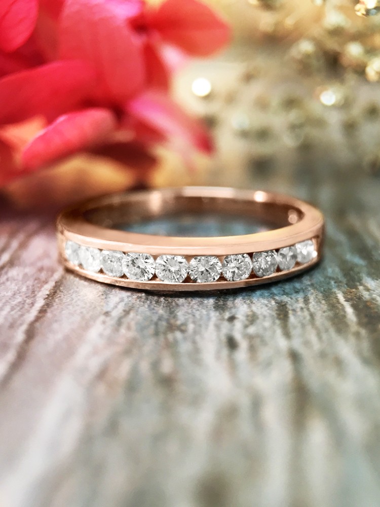 3MM Diamond Wedding Band <Channel> Solid 14K Rose Gold (14KR) Stackable Women's Engagement Ring 