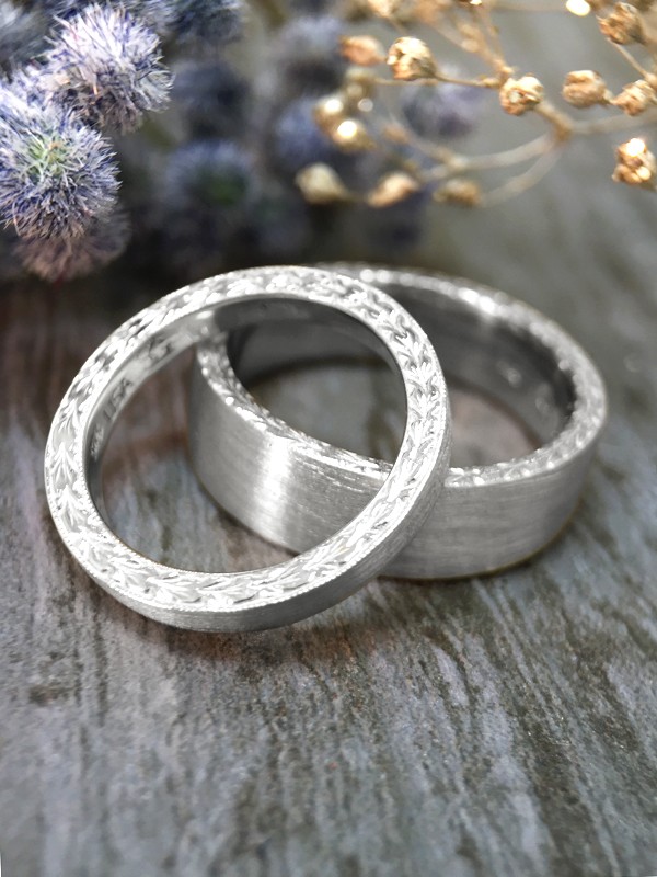 SET: 2.5MM and 6MM Satin Finish with Filigree Sides Matching Wedding Bands Solid 14K White Gold (14KW) Rings