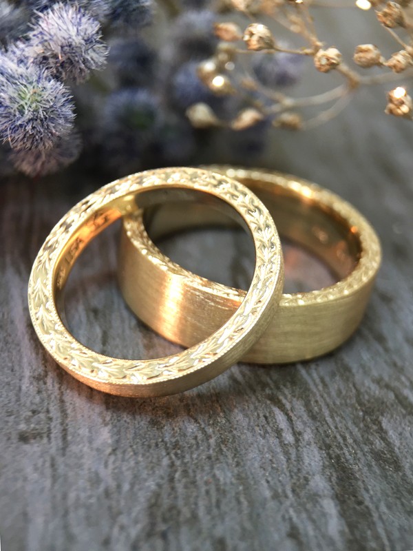 SET: 2.5MM and 6MM Satin Finish with Filigree Sides Matching Wedding Bands Solid 14K Yellow Gold (14KY) Rings